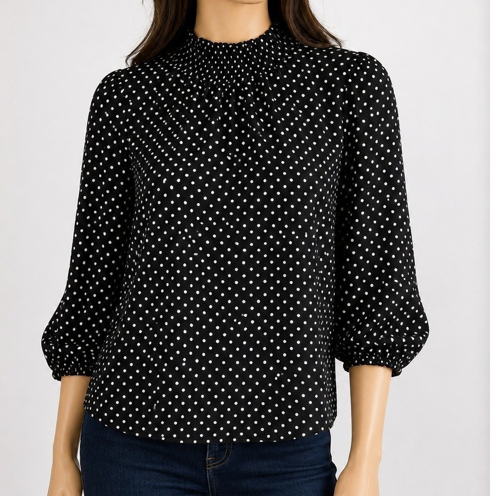 Monteau Womens Blouse Black White Polka Dot Smocked Mock Neck M